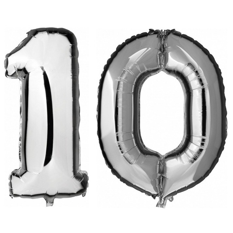 10 jaar zilveren folie ballonnen 88 cm leeftijd/cijfer -