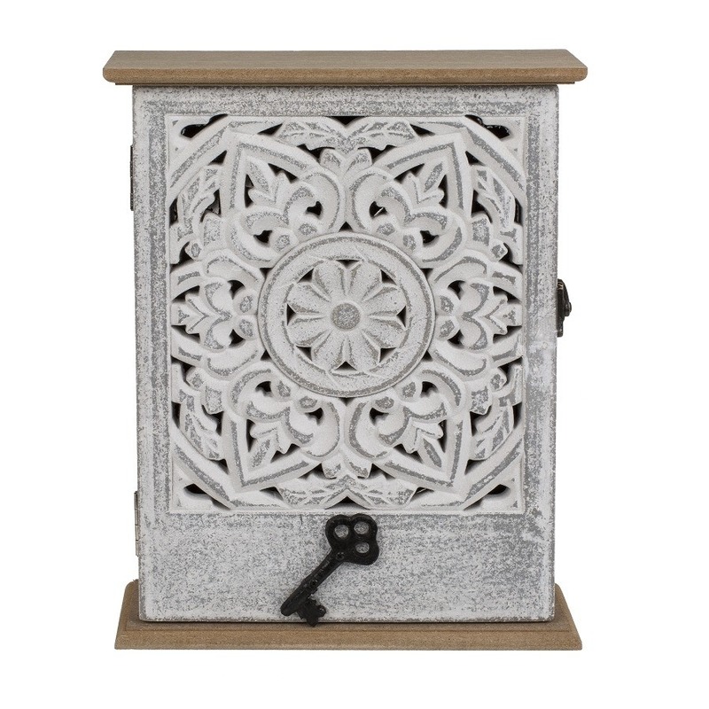 Houten sleutelkast/sleutelkluis met open bloemmotief 20 x 26 cm -