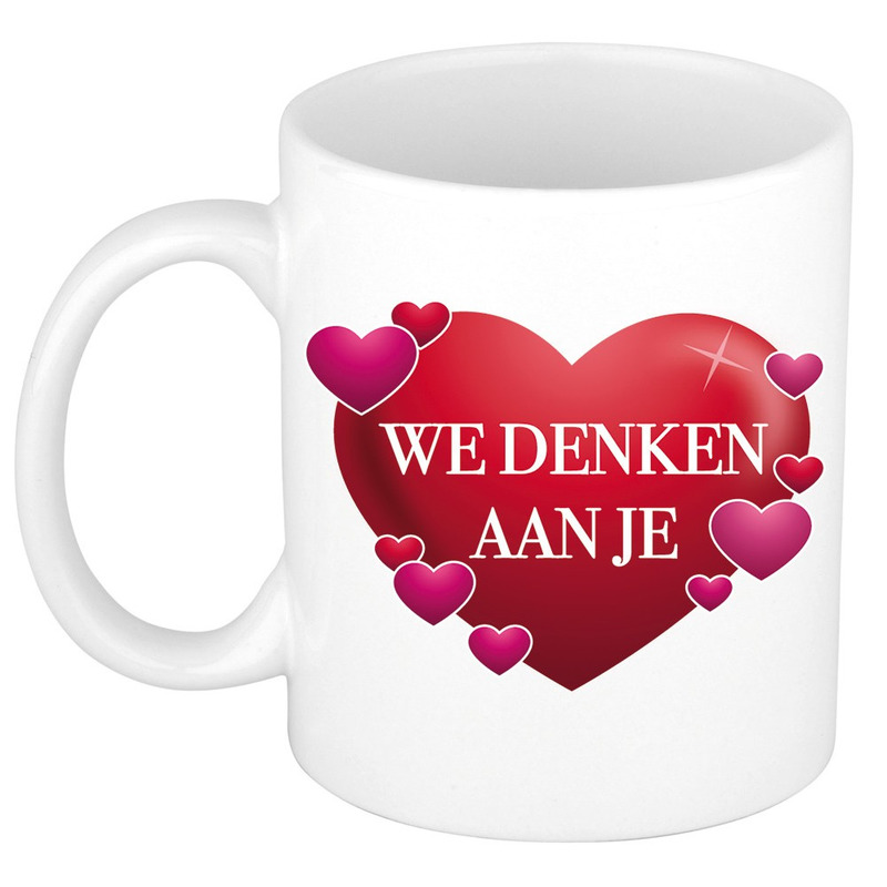 We denken aan je cadeau mok / beker wit met hartjes 300 ml -