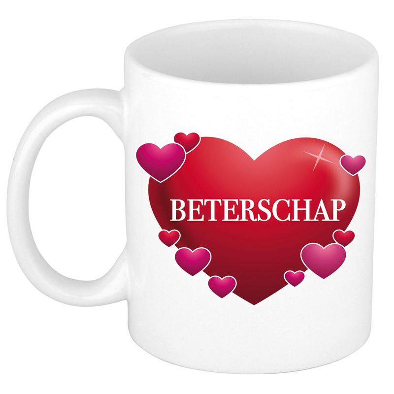 Beterschap cadeau mok / beker wit met hartjes 300 ml -