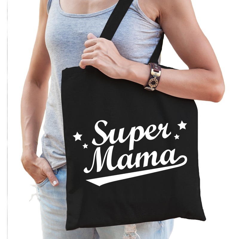 Katoenen moeder cadeau tasje super mama zwart -