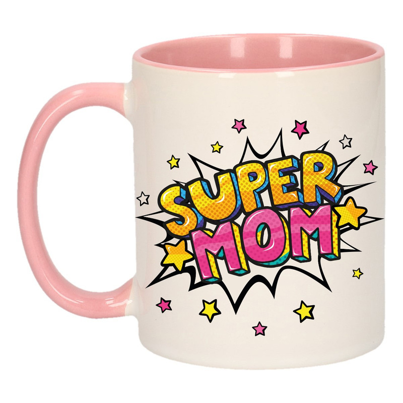 Super mom cadeau mok / beker wit en roze met sterren 300 ml -