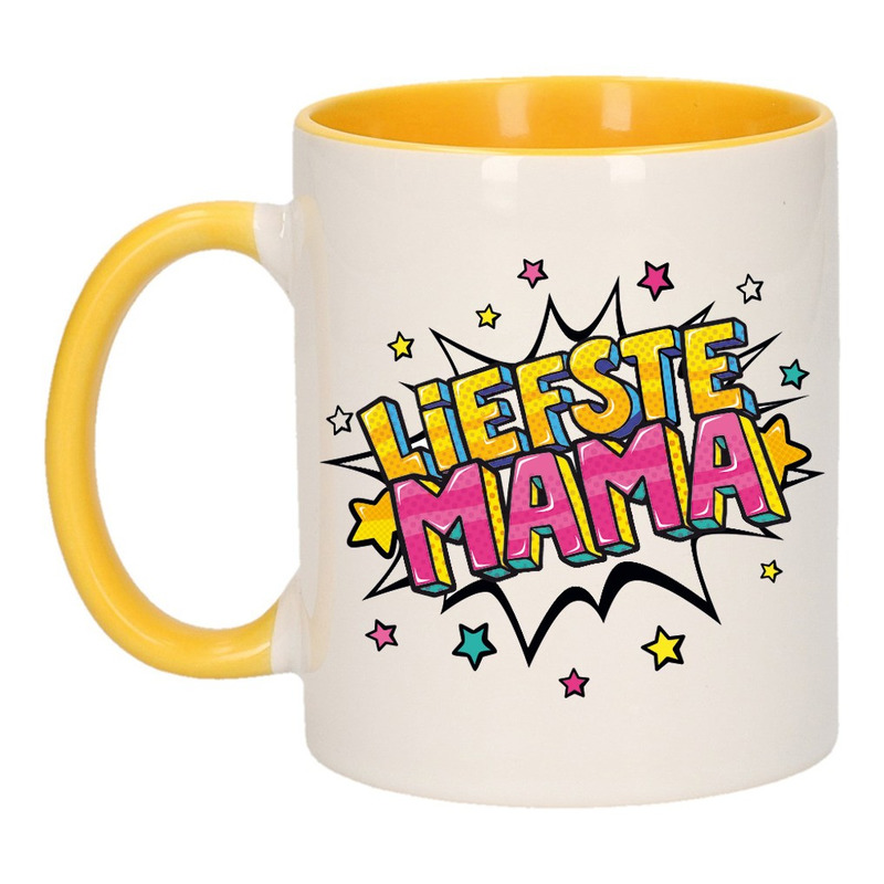 Liefste mama cadeau mok / beker wit en geel 300 ml -