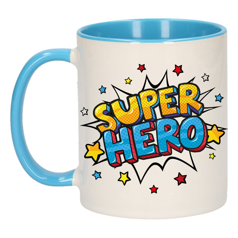Super hero cadeau mok / beker wit en blauw met sterren 300 ml -
