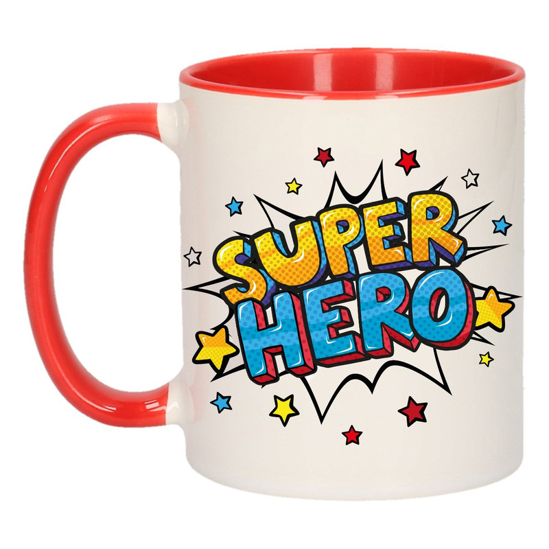 Super hero cadeau mok / beker wit en rood met sterren 300 ml -