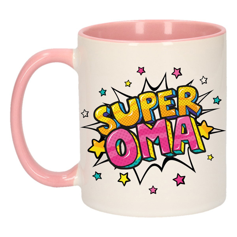 Super oma cadeau mok / beker wit en roze met sterren 300 ml -