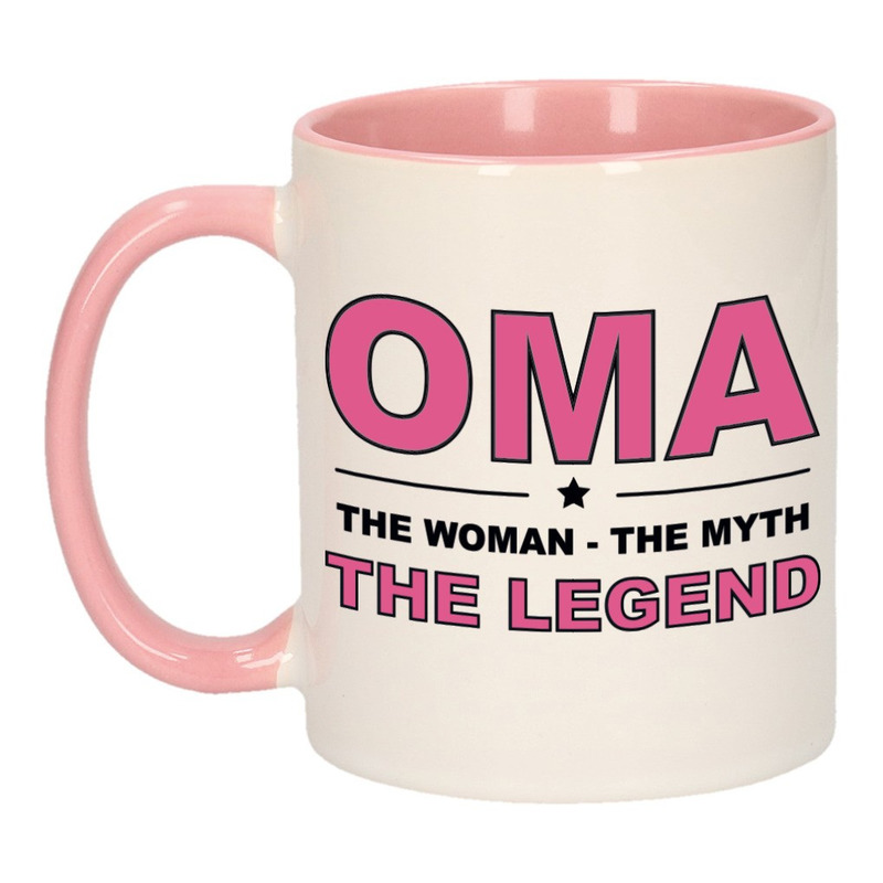 Oma the legend cadeau mok / beker wit en roze 300 ml -