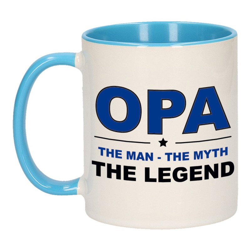 Opa the legend cadeau mok / beker wit en blauw 300 ml -