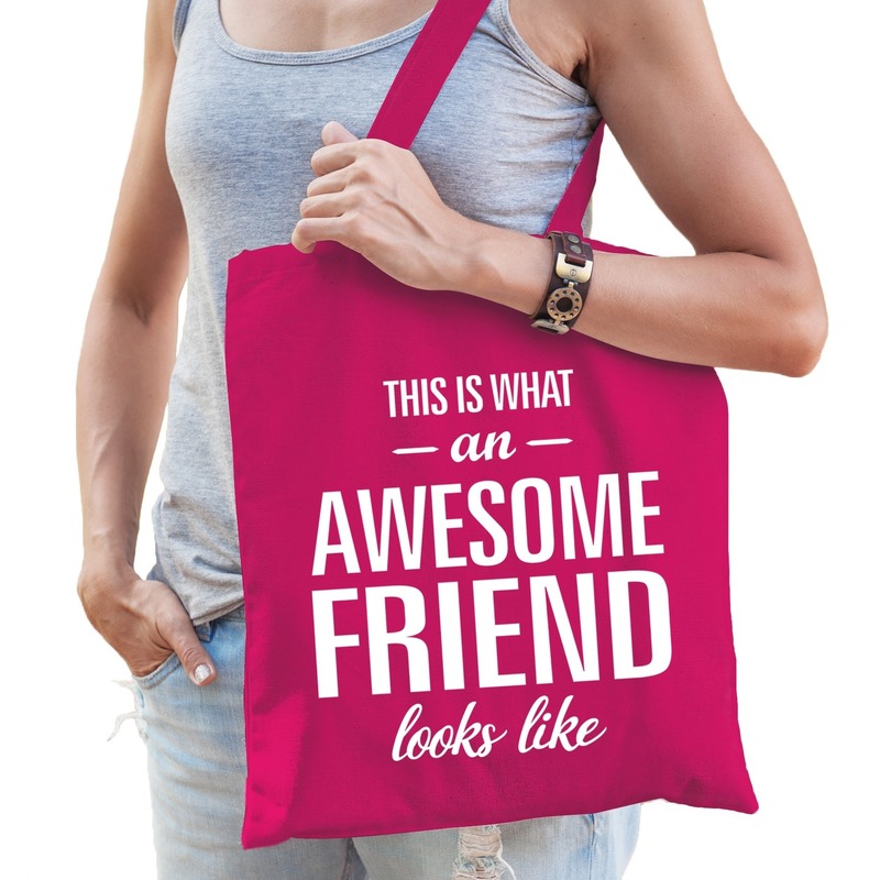 Katoenen cadeau tasje awesome friend fuchsia roze -