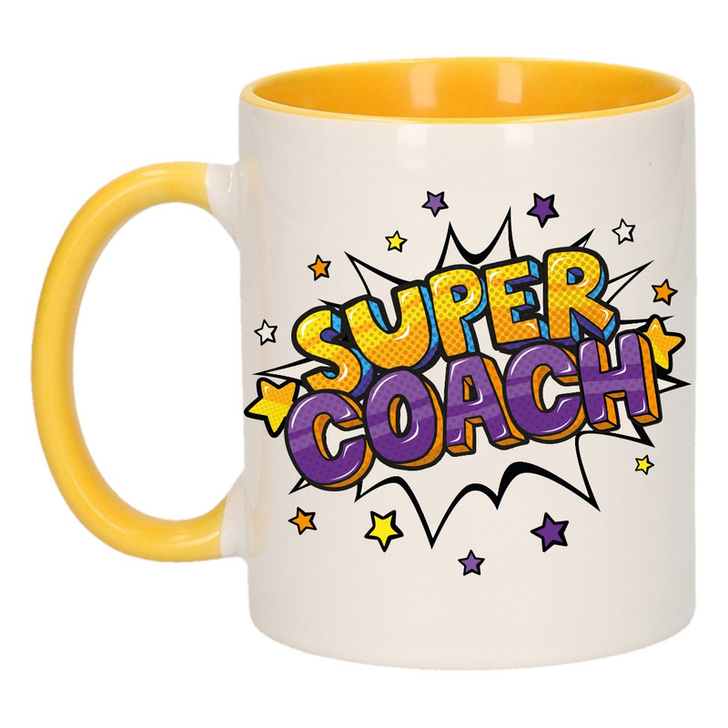 Super coach cadeau mok / beker wit en geel met sterren 300 ml -