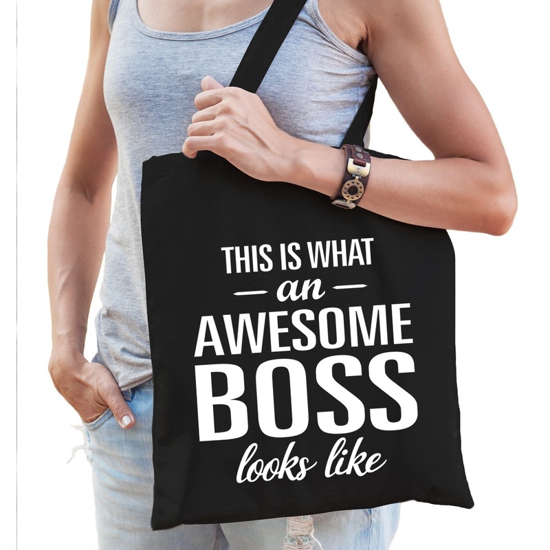 Katoenen cadeau tasje awesome boss zwart -