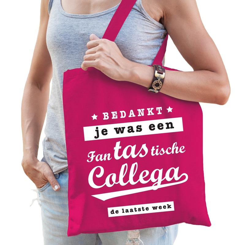 Katoenen cadeau tasje fantastische collega fuchsia roze -