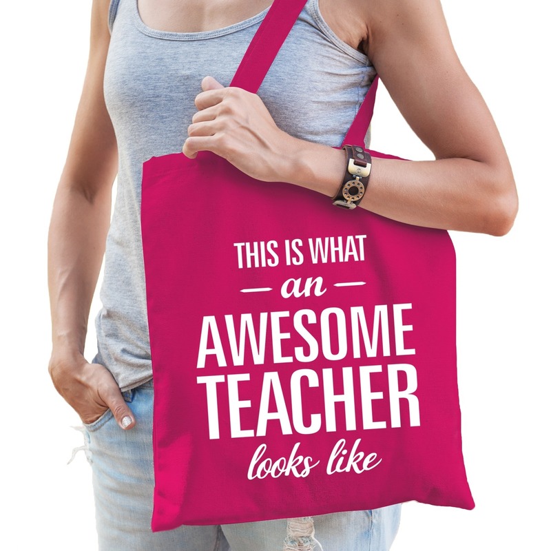 Katoenen cadeau juf tasje awesome teacher fuchsia roze -