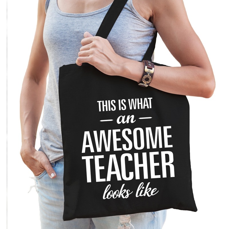 Katoenen cadeau juf/ meester tasje awesome teacher zwart -