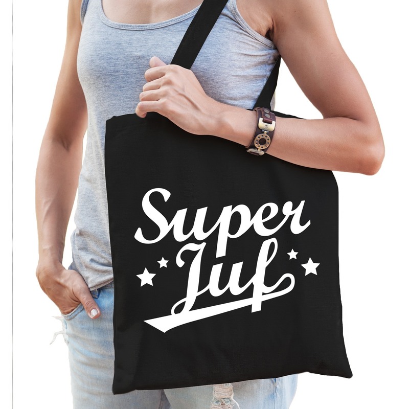 Katoenen cadeau tasje super juf zwart -
