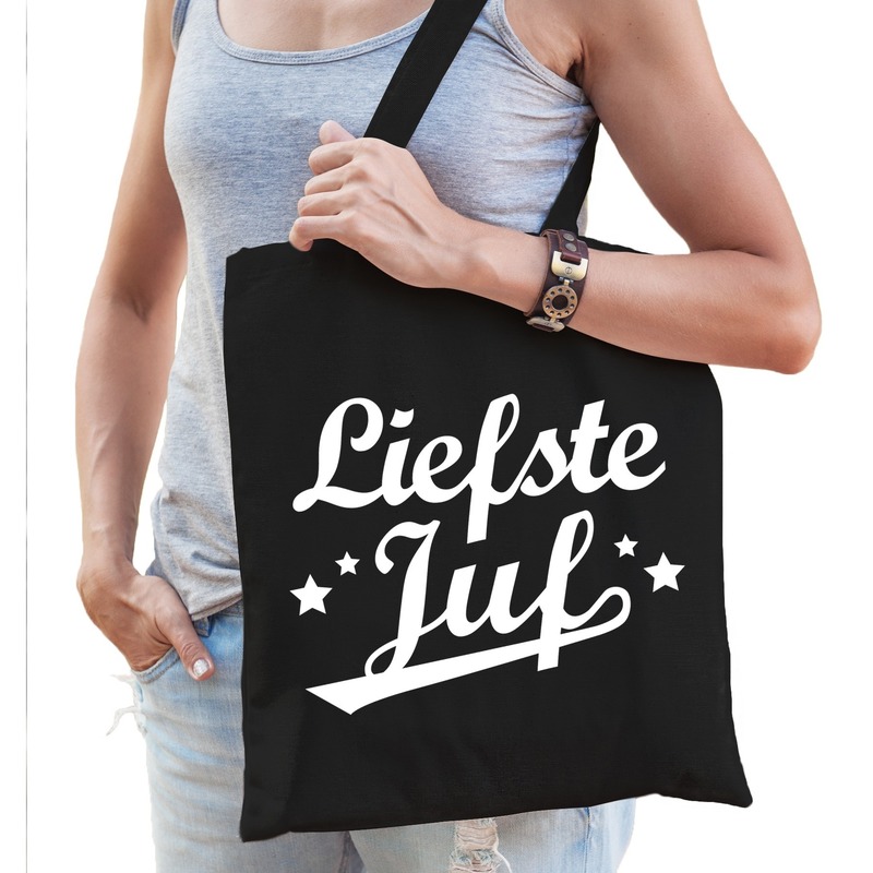 Katoenen cadeau tasje liefste juf zwart -
