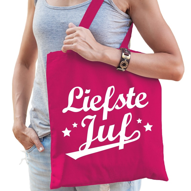 Katoenen cadeau tasje liefste juf fuchsia roze -