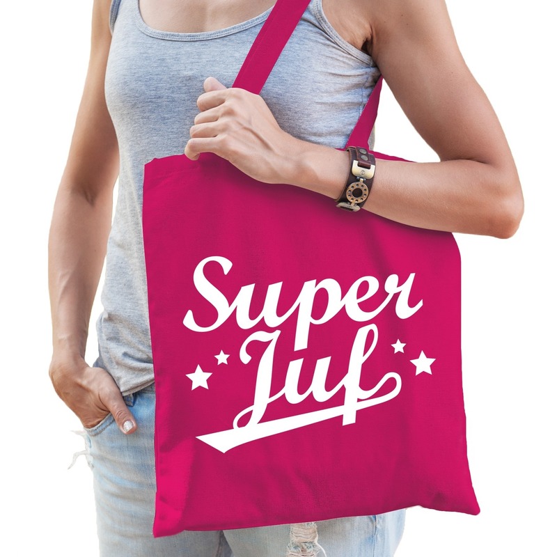 Katoenen cadeau tasje super juf fuchsia roze -