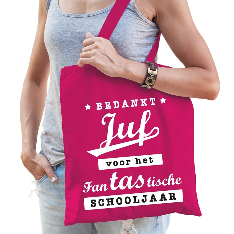 Bedankt juf katoenen cadeau tas fuchsia roze -