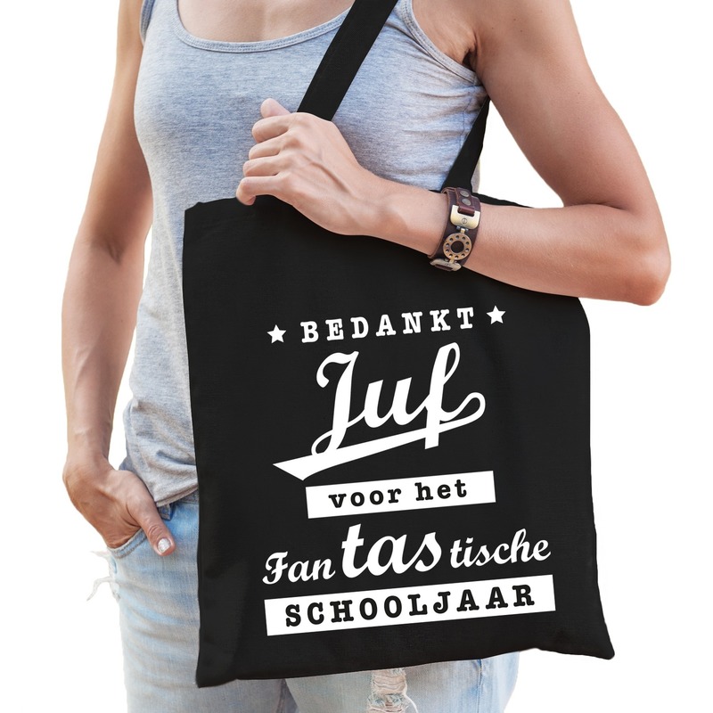 Bedankt juf katoenen cadeau tas zwart -
