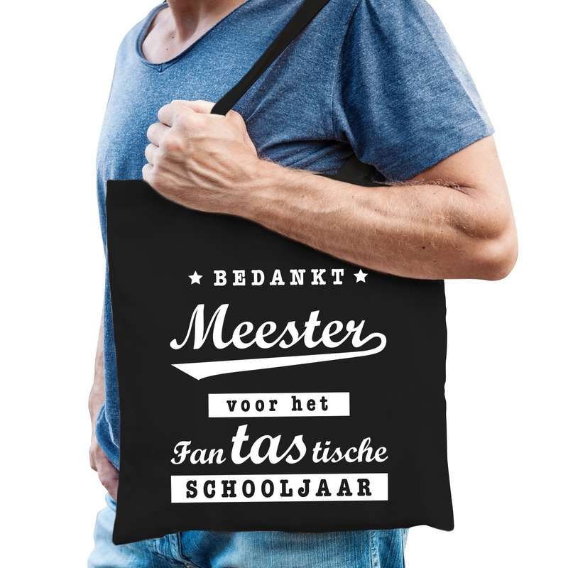 Bedankt meester katoenen cadeau tas zwart -