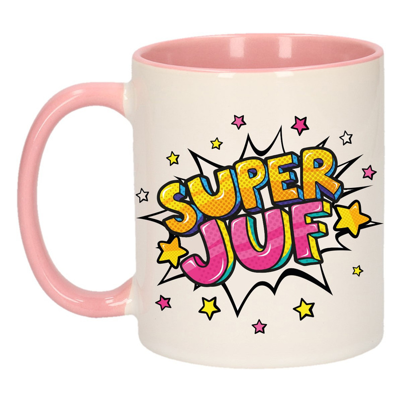 Super juf cadeau mok / beker roze en wit met sterren 300 ml -