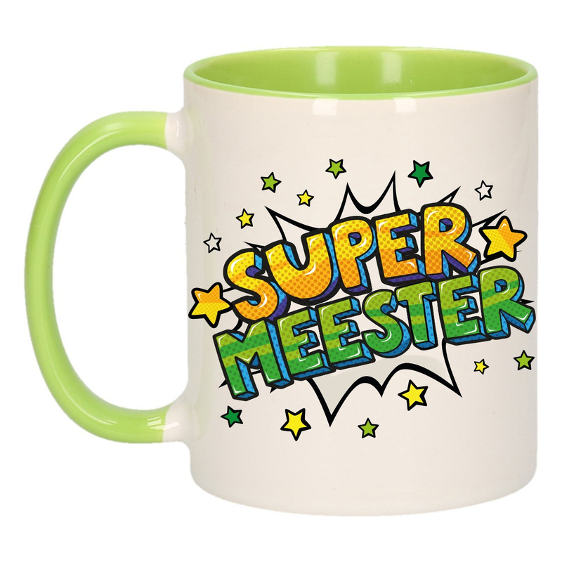 Super meester cadeau mok / beker wit en groen sterren 300 ml -