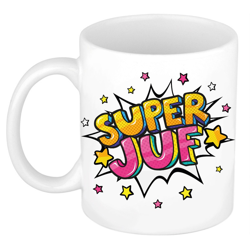 Super juf cadeau mok / beker wit met sterren 300 ml -