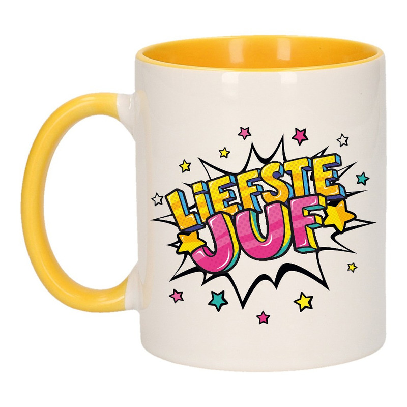 Liefste juf cadeau mok / beker wit en geel 300 ml -
