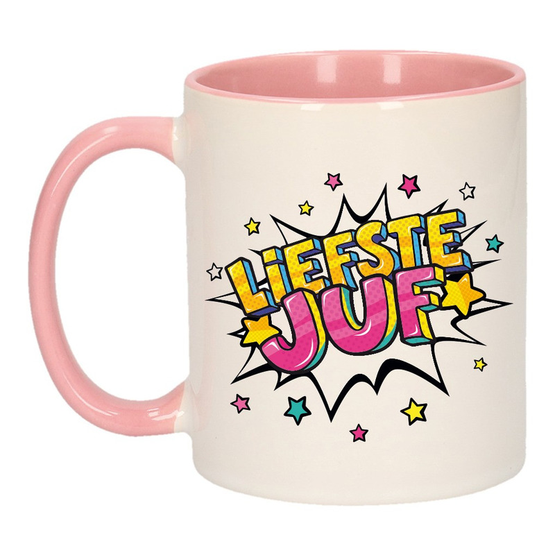 Liefste juf cadeau mok / beker wit en roze 300 ml -