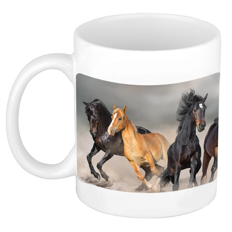 Dravende zwarte / witte paarden mok / beker wit 300 ml -