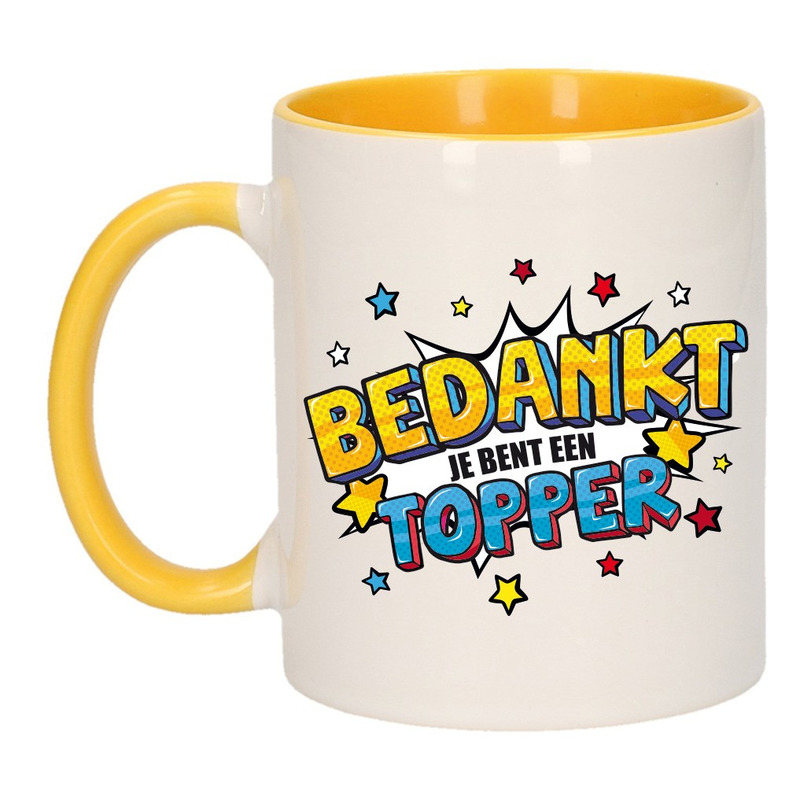 Bedankt topper cadeau mok / beker wit en geel 300 ml -