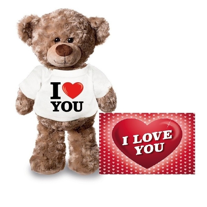 Valentijnskaart en knuffelbeer 24 cm met I love you shirt -