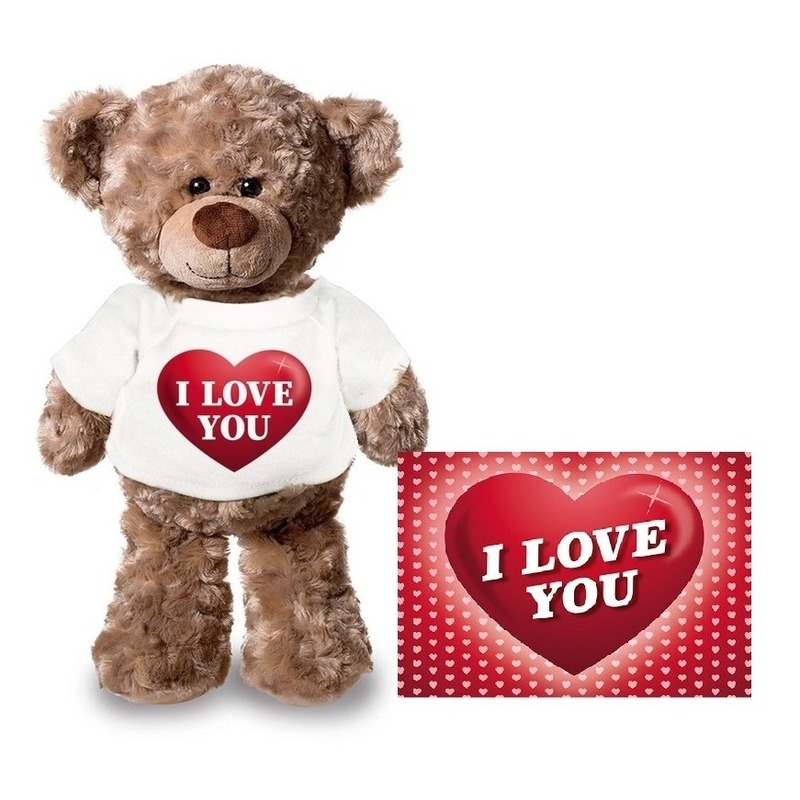Valentijnskaart en knuffelbeer 24 cm met I love you hartje shirt -