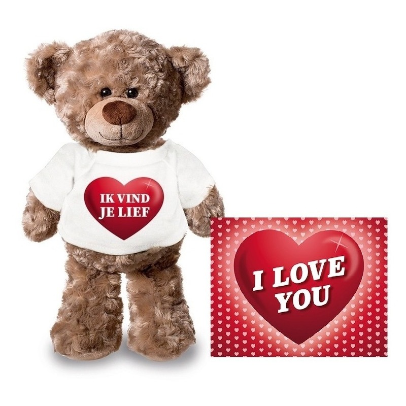 Valentijnskaart en knuffelbeer 24 cm met ik vind je lief shirt -