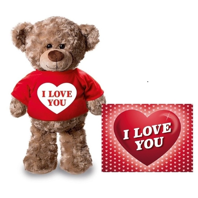 Valentijnskaart en knuffelbeer 24 cm met I love you rood shirt -