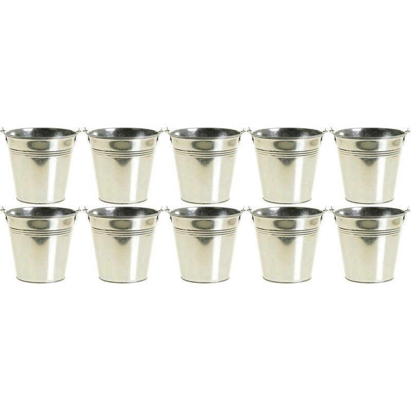 10x Kleine zinken emmertjes/bloempotjes zilver 9 cm hoog -