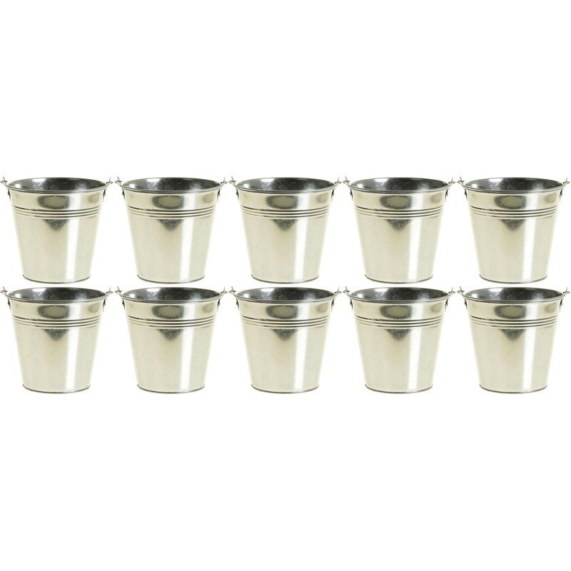 10x Zinken emmertjes/bloempotjes zilver 15 cm hoog -