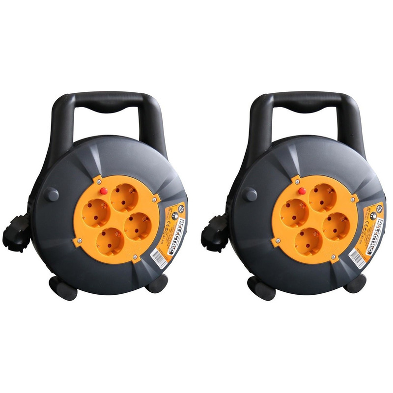 2x Kabelhaspel/kabelbox 15 m met 4x stopcontacten -