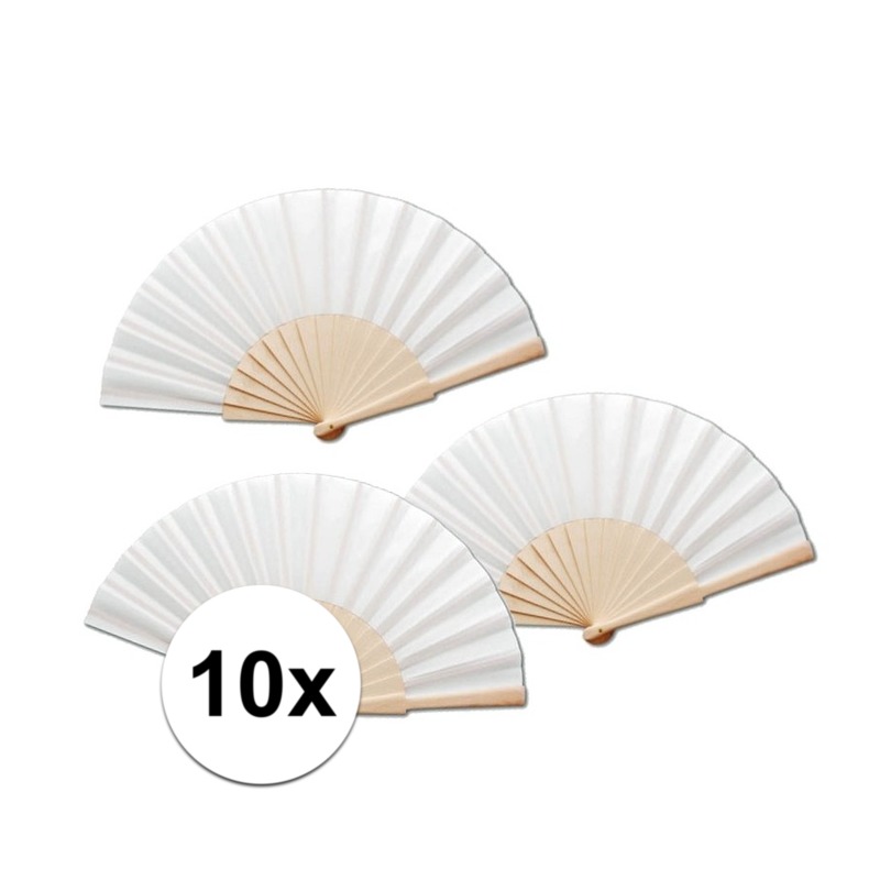 Spaanse waaier - 10x - wit - 42 x 23 cm - hout - verkoelend - handwaaier -