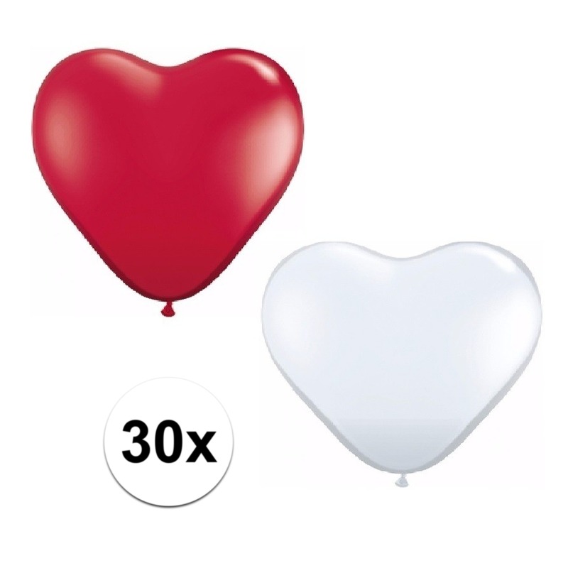 30x bruiloft ballonnen wit / rood hartjes versiering -
