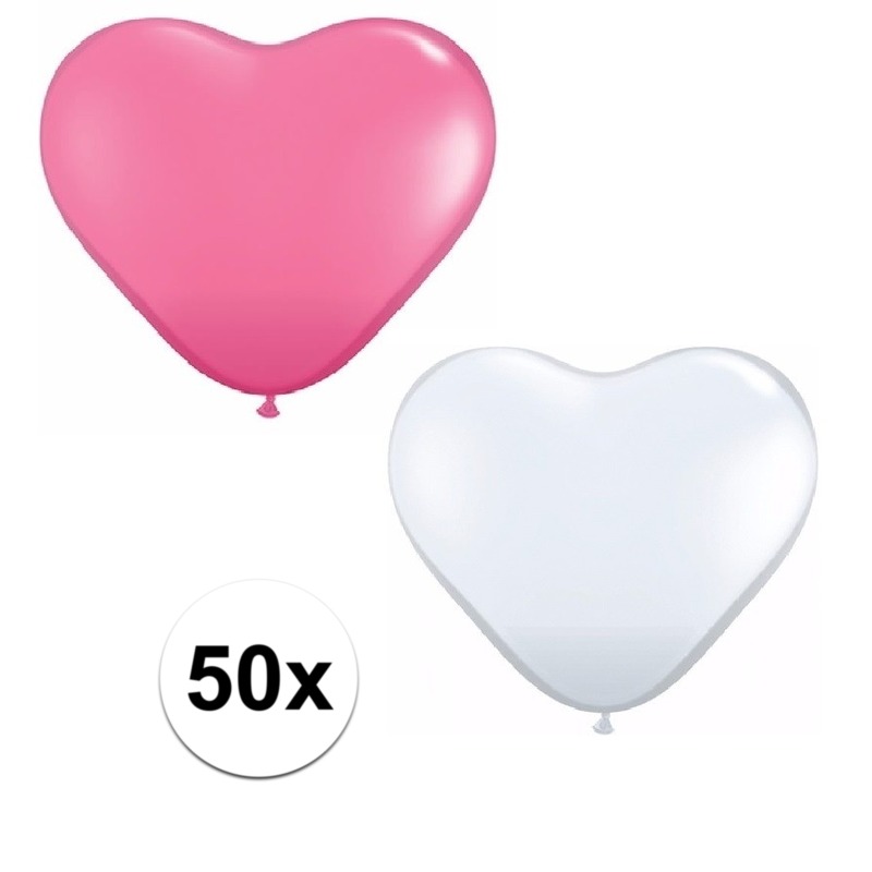 50x bruiloft ballonnen wit / roze hartjes versiering -