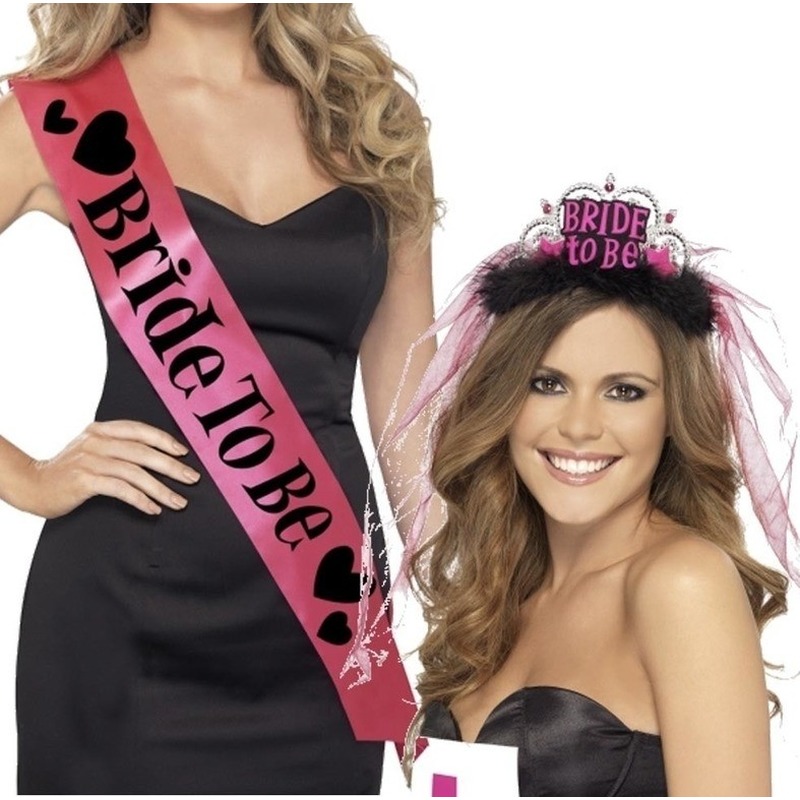 Set roze Bride to Be vrijgezellenfeest sjerp en tiara -
