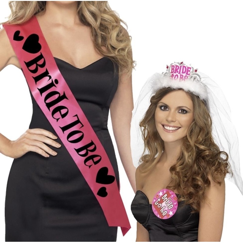 Set Roze Bride to Be vrijgezellenfeest sjerpen tiara met sluier -