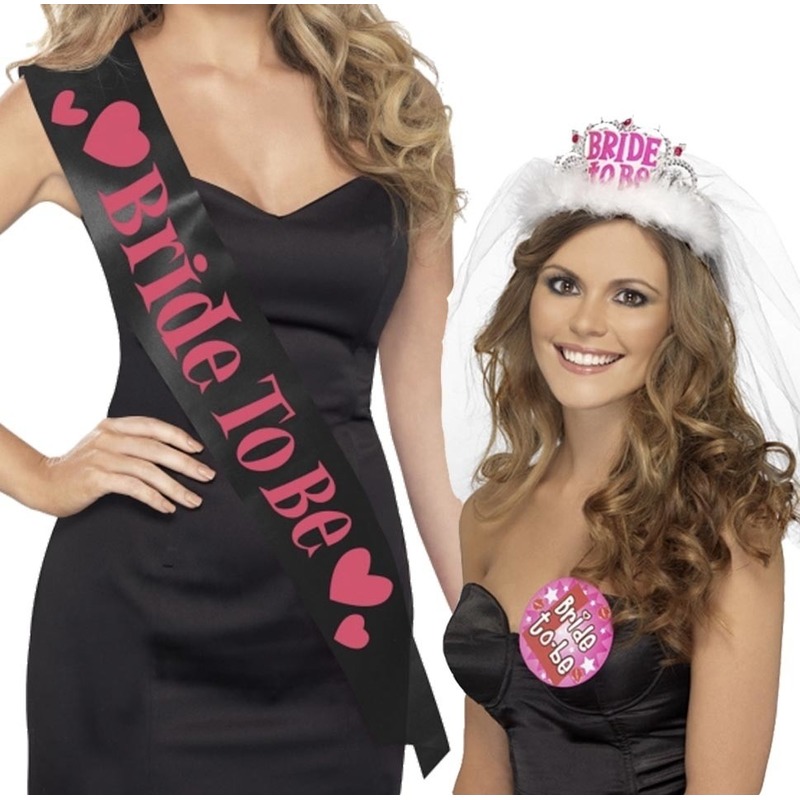 Set zwarte Bride to Be vrijgezellenfeest sjerp en tiara -