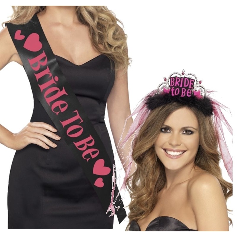 Set zwarte Bride to Be vrijgezellenfeest sjerp en tiara -