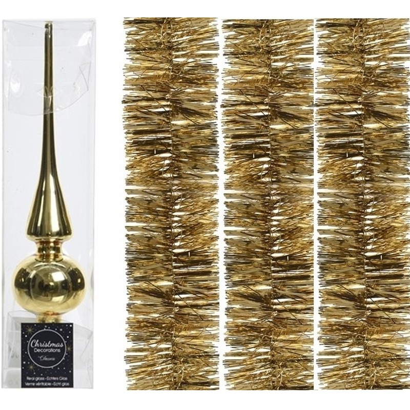 Kerstboomversiering set gouden piek en 3x folieslingers 270 cm -