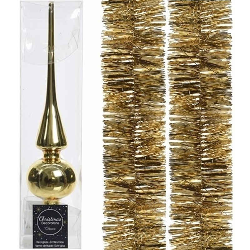 Kerstboomversiering set gouden piek en 2x folieslingers 270 cm -