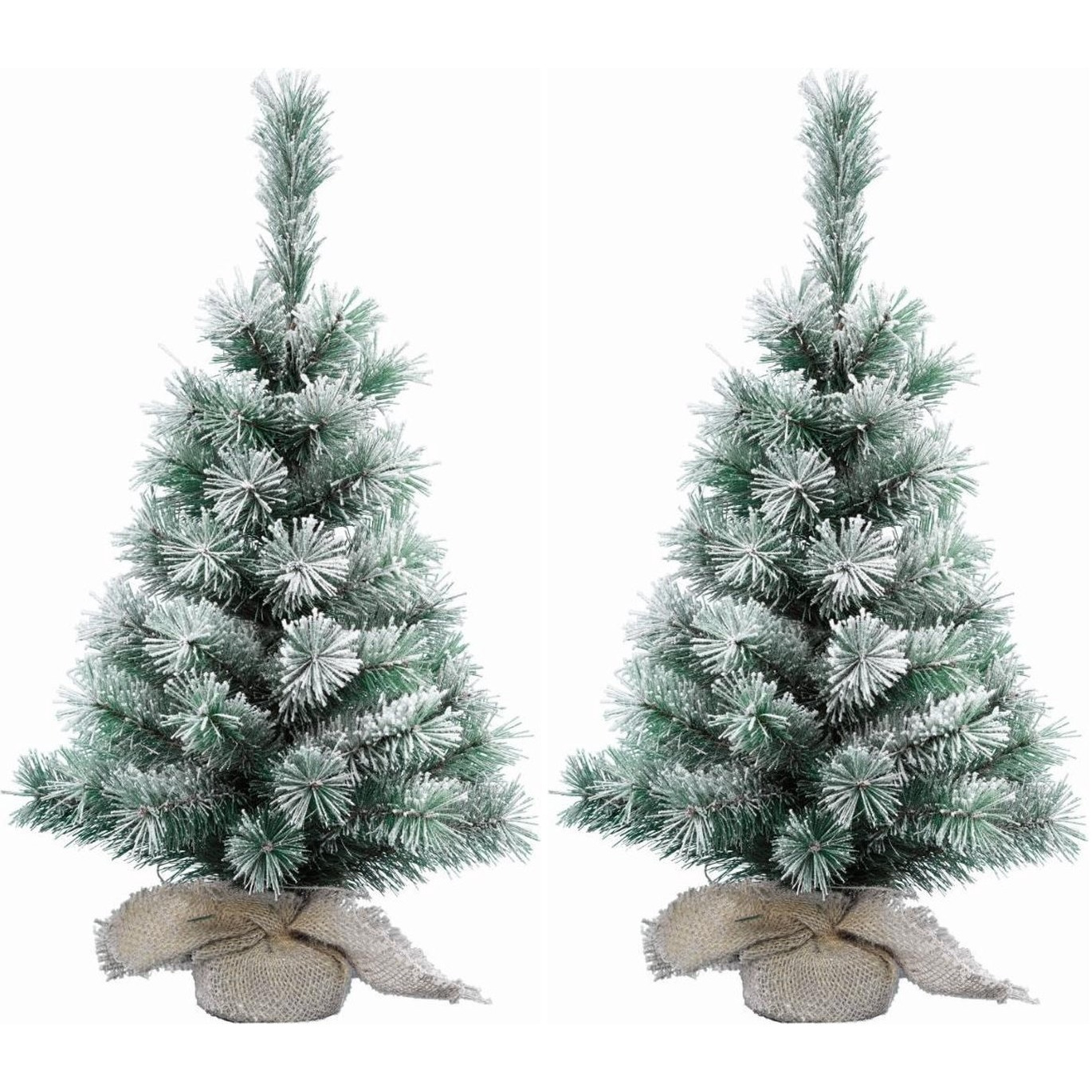 2x Stuks mini kerstboom met sneeuw 60 cm in jute zak -