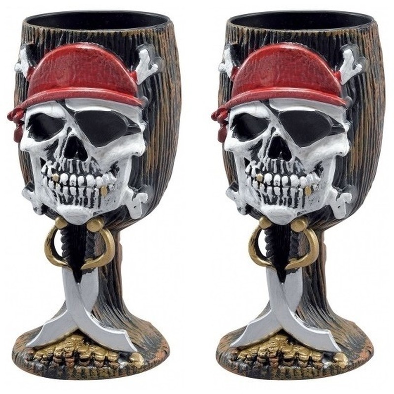 Piraten feest accessoires kelk/drinkbeker - 2x - 17 cm - Piraten thema feestje feestartikelen -